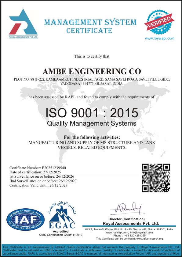 Ambe Engineering ISO 9001:2015 Quality Certificate
